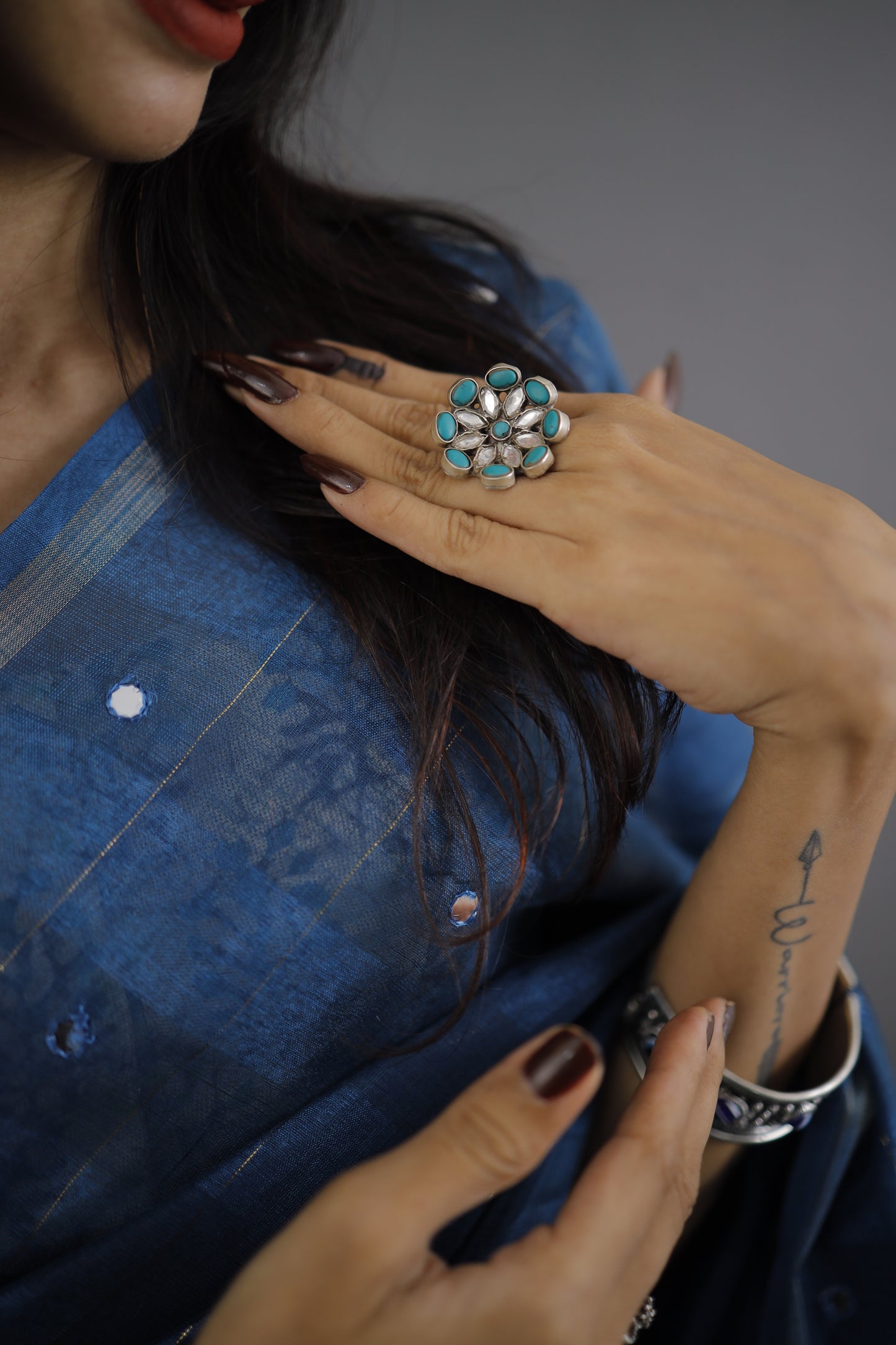Turquoise Kundan Flower Adjustable Finger Ring-Hamsa-Hamsa