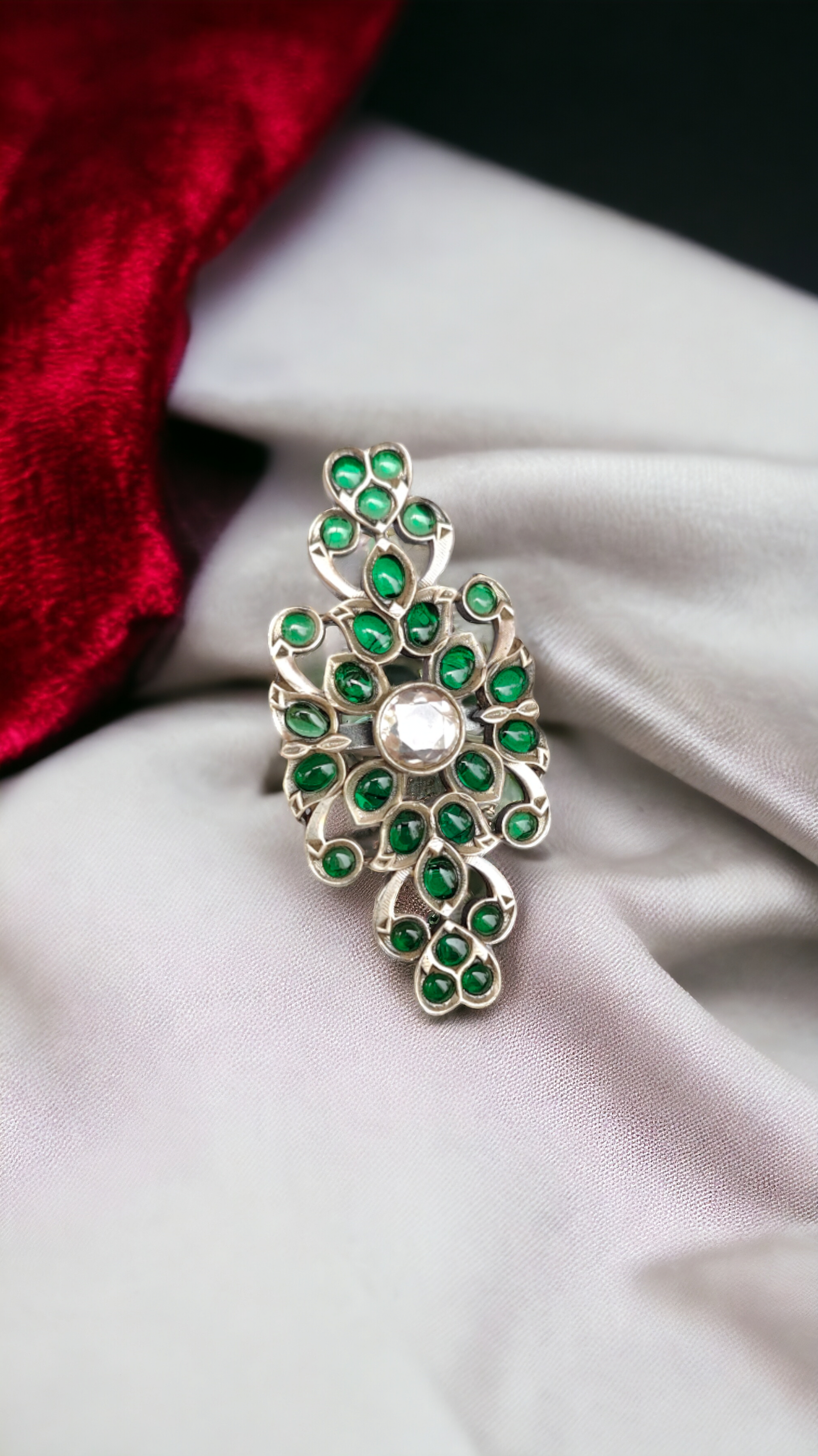 Green Kundan Royal Adjustable Finger Ring-Hamsa-Hamsa