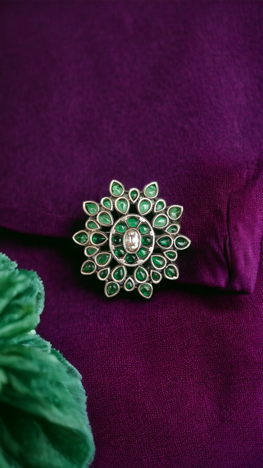 Green Flower Motif Adjustable Finger Ring-Hamsa-Hamsa