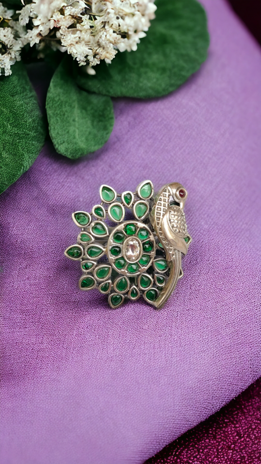 Green Flower Motif Bird Adjustable Finger Ring-Hamsa-Hamsa